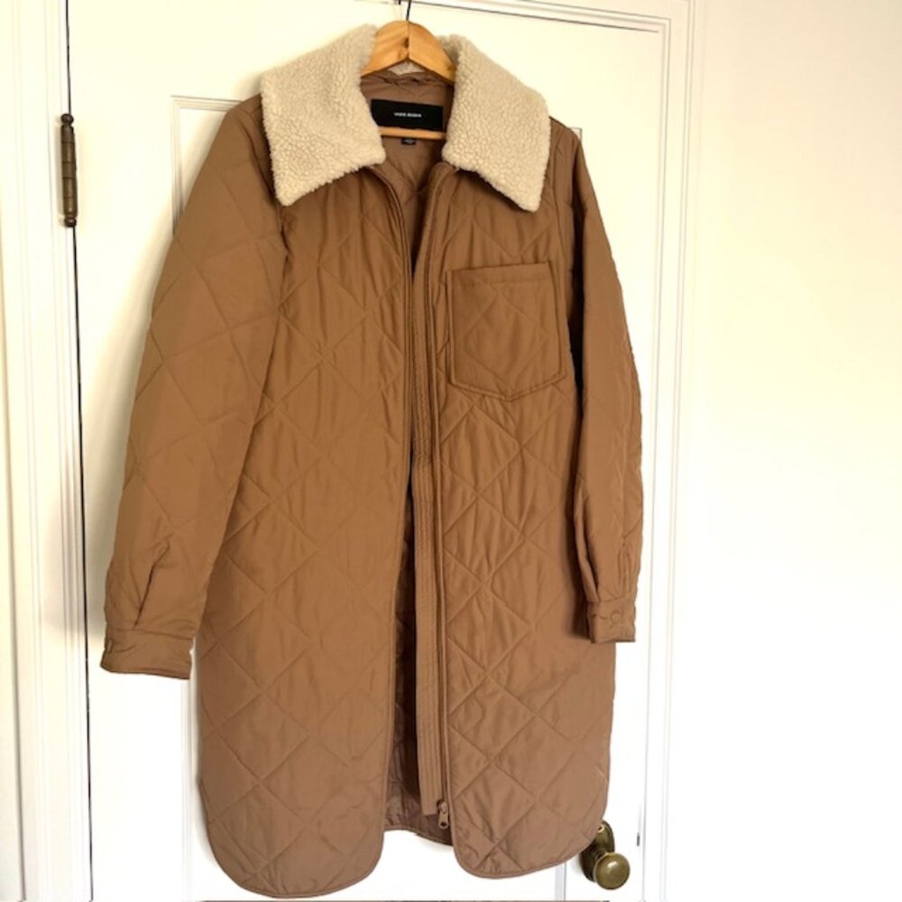 Quilted Camel Mid-length Coat with Shearling Collar | Size Medium